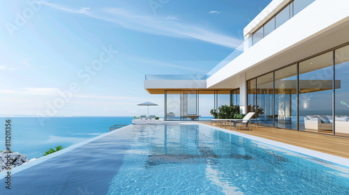real estate photography of a modern luxury house with wooden terrace and swimming pool on sea view background, minimalist architecture © Luluraschi