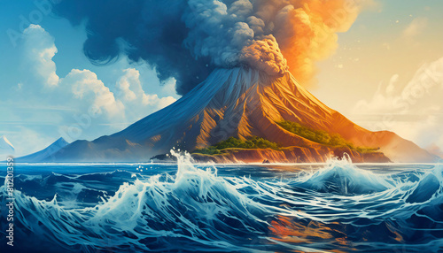 Erupting volcanic island with clouds of thick smoke, choppy sea waves, at sunset
