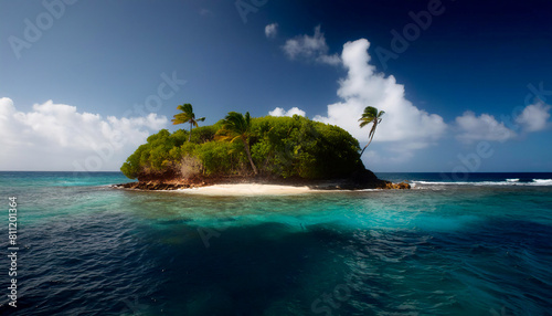 Small island covered with trees, in the dark blue sea