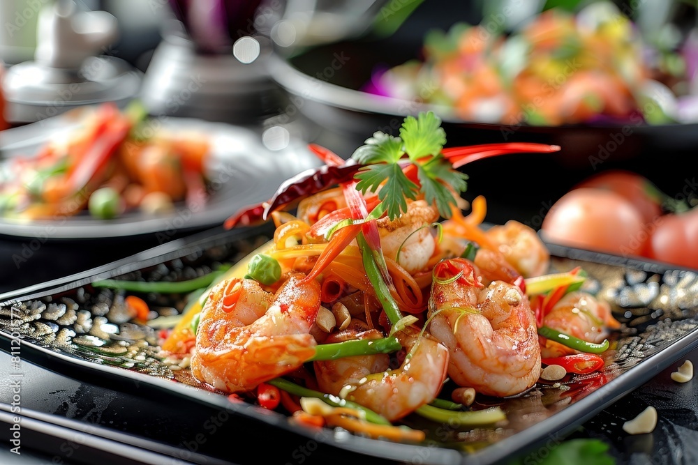 Close-up view of a plate filled with shrimp and various food items, A fusion of diverse flavors and culinary influences Close-up view of a plate filled with shrimp and various food items, A fusion of diverse flavors and culinary influences