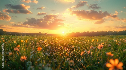 Dramatic sunset paints the sky with orange and red hues as the sun dips below the horizon over a field of wildflowers