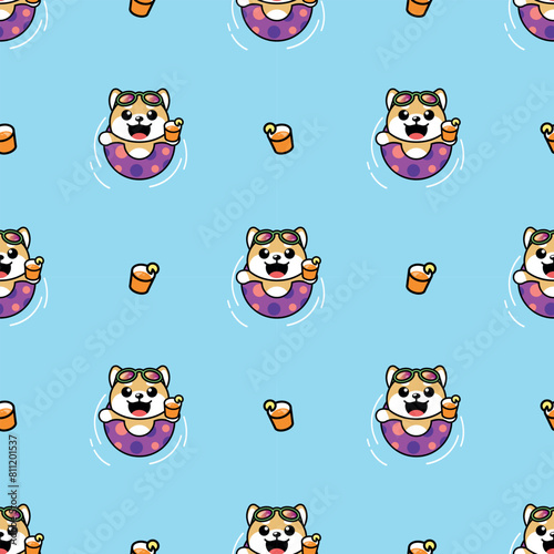 A CUTE SHIBA DOG IS WEARING RUBBER RING AND ORANGE JUICE SEAMLESS PATTERN