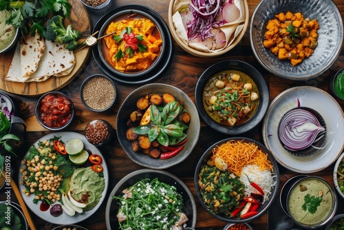 A table displaying a variety of different types of food, showcasing a fusion of diverse flavors and culinary influences, A fusion of diverse flavors and culinary influences