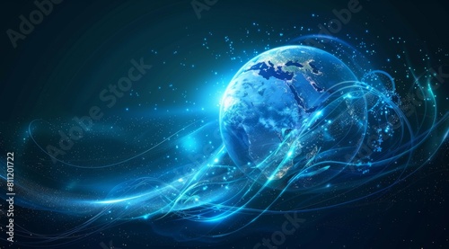 Abstract blue background with a digital world globe and glowing waves in the style of technology  science or global network concept banner Generative AI