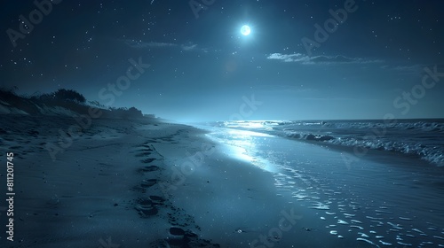Moonlit Seascape with Crashing Waves on Tranquil Beach Under Starry Night Sky © JITTAPON