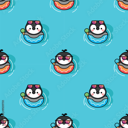 CUTE LITTLE PENGUIN IS WEARING RUBBER RING AND EATING AN ICE CREAM SEAMLESS PATTERN
