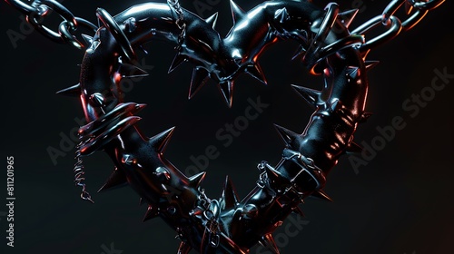 3d heart shape made of chains and spikes, dark background photo