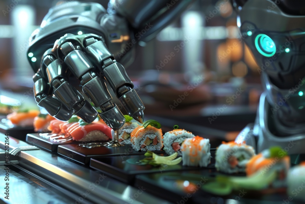 A robotic hand is reaching out to grab a piece of sushi, A futuristic and technological rendering of a robotic sushi chef preparing sushi with precision and accuracy A robotic hand is reaching out to grab a piece of sushi, A futuristic and technological rendering of a robotic sushi chef preparing sushi with precision and accuracy