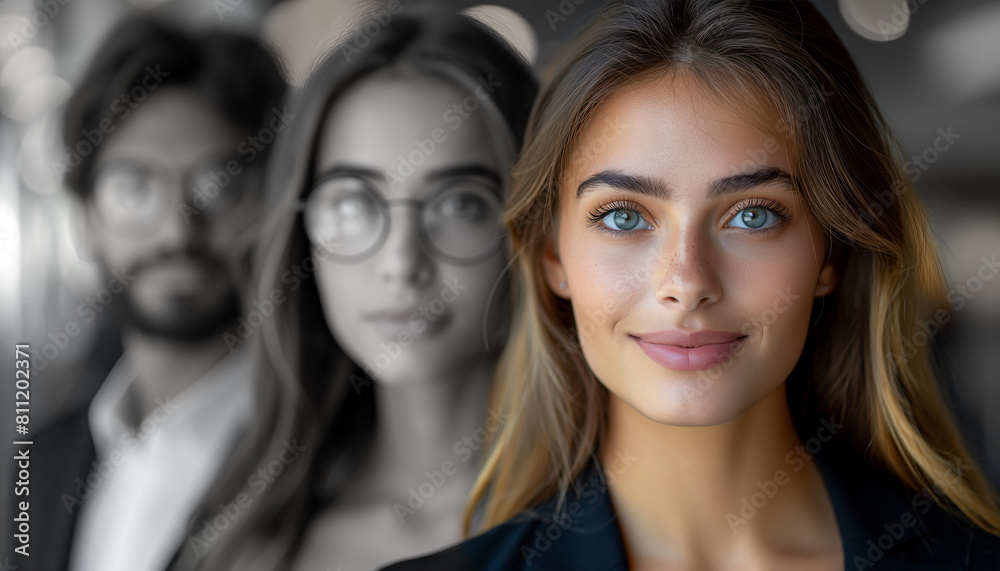 One female candidate stands out in vibrant color, while the rest are in black and white, symbolizing the search for the ideal or best candidate. One female candidate stands out in vibrant color, while the rest are in black and white, symbolizing the search for the ideal or best candidate.