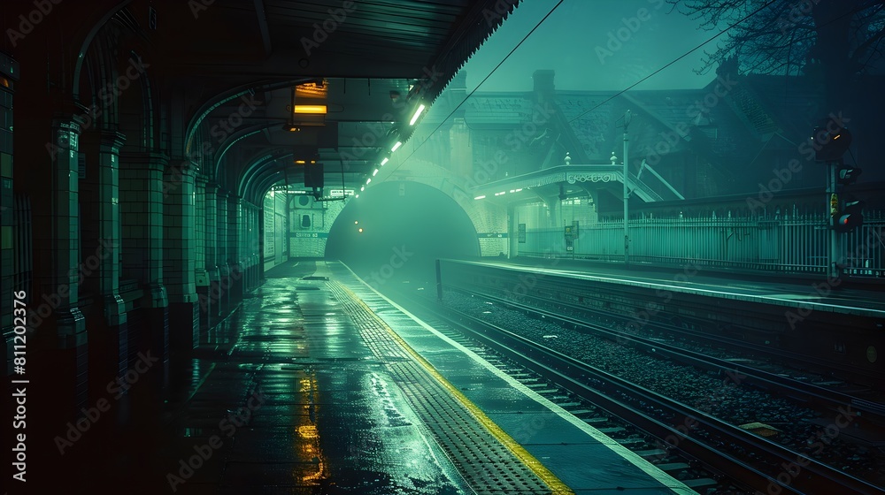 Moody Rainy Train Platform at Night with Atmospheric Lighting and Reflections