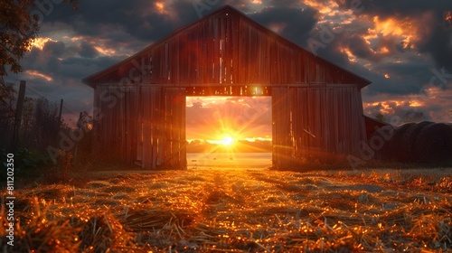 Dramatic Sunset Over Rustic Wooden Barn in Tranquil Countryside Landscape photo