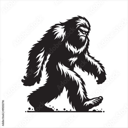 Black and white silhouette of a walking Yeti (bigfoot)