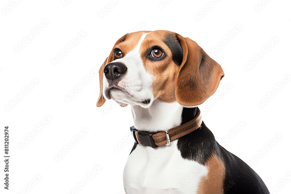 A cute beagle dog with a collar is looking up at something with a curious expression on its face.
