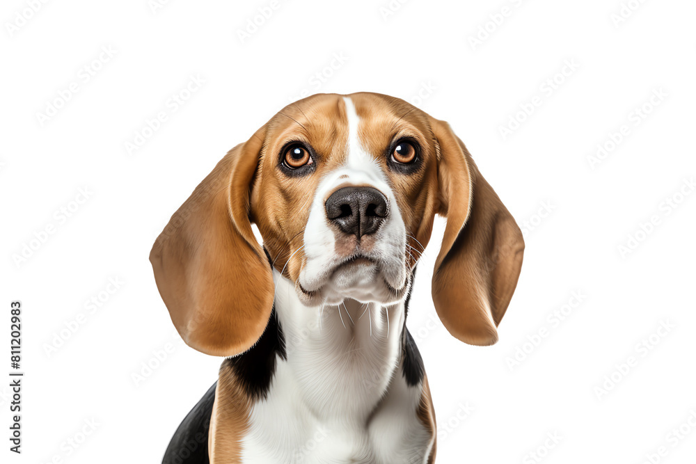 A cute beagle is looking at the camera with a serious expression on its face. It has brown and white fur, and its ears areChui Xia Lai De .