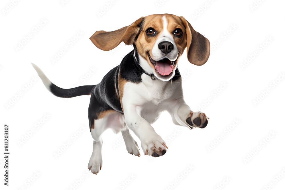 A cute beagle puppy is jumping in the air with its ears flopping. It has a happy expression on its face.