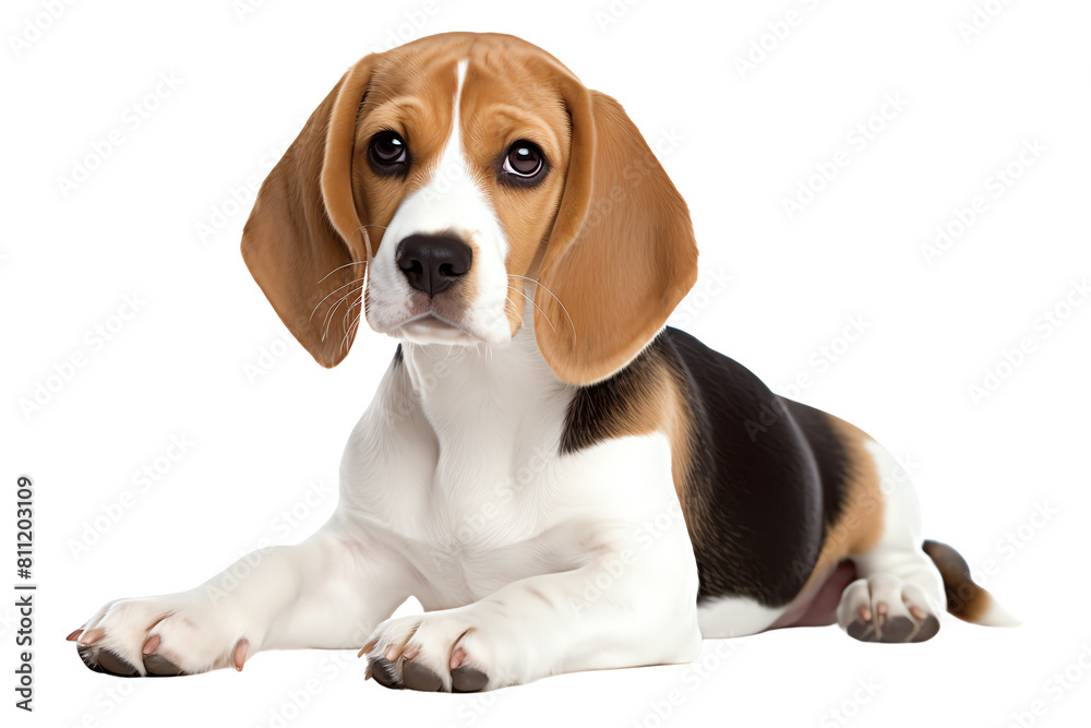 A cute beagle puppy is looking at the camera with a curious expression on its face. The puppy is lying down with its front paws resting in front of him.