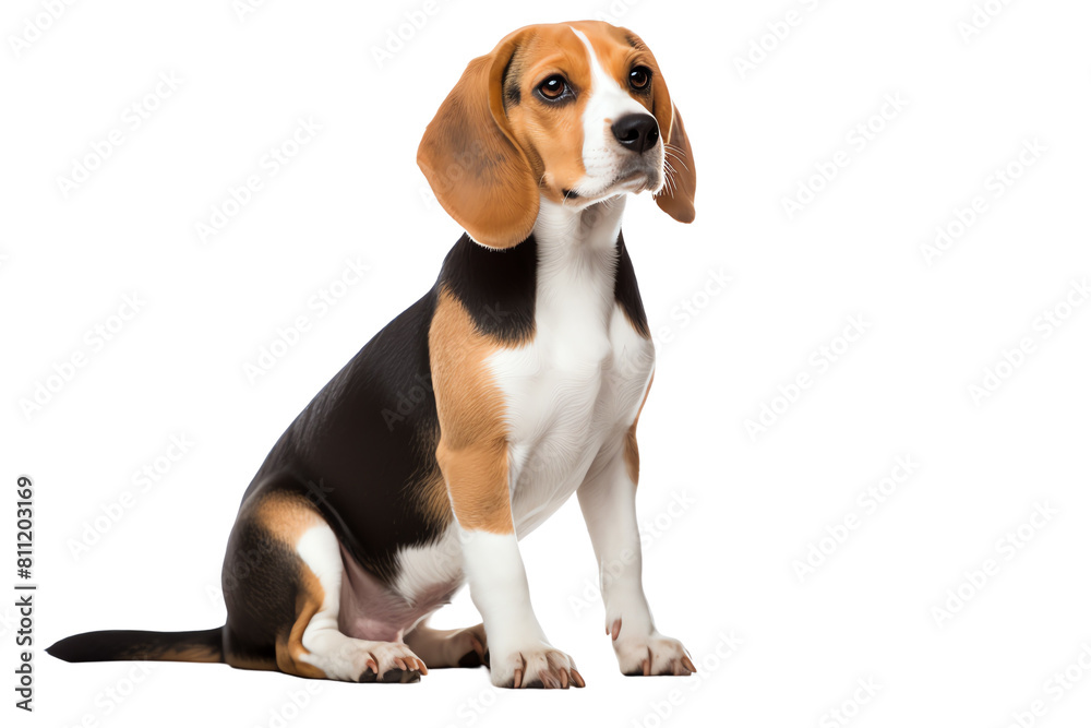 A cute beagle puppy is sitting and looking up with its big brown eyes. It has a white belly and brown and black patches on its face and body.