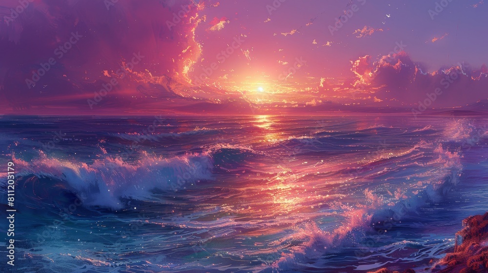 The setting sun casts a warm glow over the ocean waves.