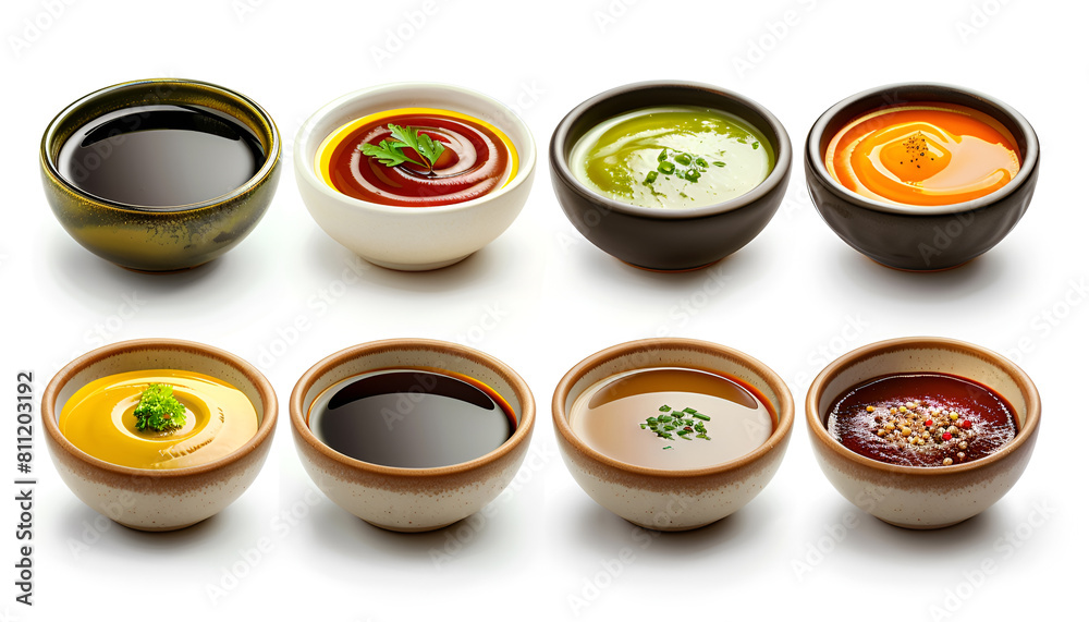 Set of different sauces in bowls isolated on white background Set of different sauces in bowls isolated on white background