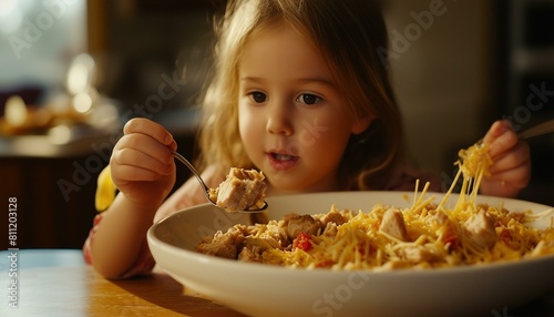 A little girl eating a big bowl of chicken and cheese from both hands while enjoying her meal at home.