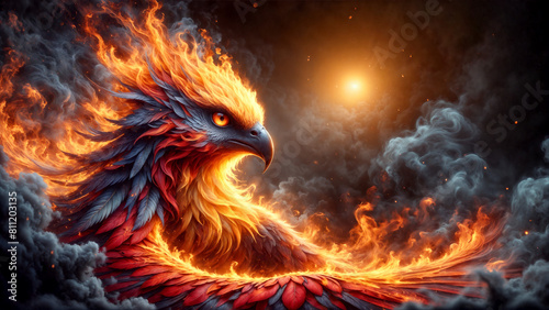 Majestic phoenix, mythical bird, rises from ashes, symbolizing rebirth and renewal. 