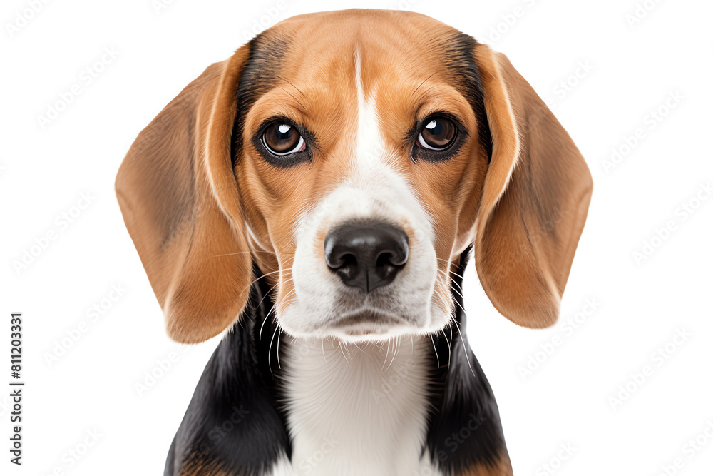 A cute beagle with big brown eyes is looking at the camera. The dog has short brown and white fur.