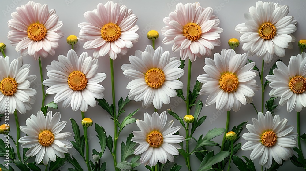 Fototapeta premium Daisies in a row on a white background. Generative AI.
