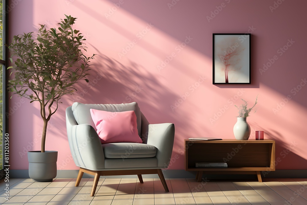 Living room interior with pink armchair, guitar and flowers. 3d render Living room interior with pink armchair, guitar and flowers. 3d render
