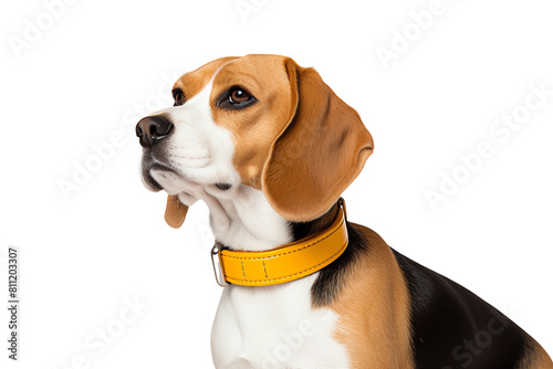 A cute beagle wearing a yellow collar is looking up with a curious expression on its face. © Porawit