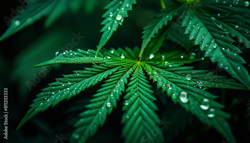 Close-up of cannabis plant leaves covered in fresh water droplets  with a moody dark green tone