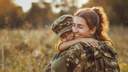 Female soldier hugging her little daughter in the field, veteran return photo
