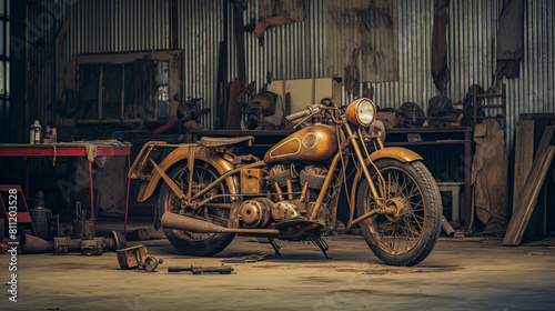 old vintage motorcyle in the hangar