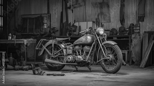A black and white photo old vintage motorcyle in the hangar photo