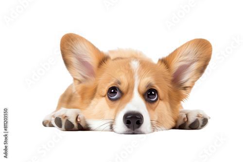 A cute corgi puppy with big ears and a white belly is staring at the camera with its front paws resting on the ground