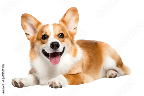 A cute corgi puppy is lying down and smiling photo