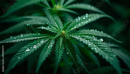 Close-up of cannabis plant leaves covered in fresh water droplets, with a moody dark green tone