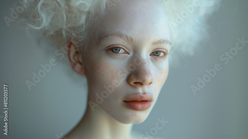 Close up photo of a beautiful albino model facing the camera photo