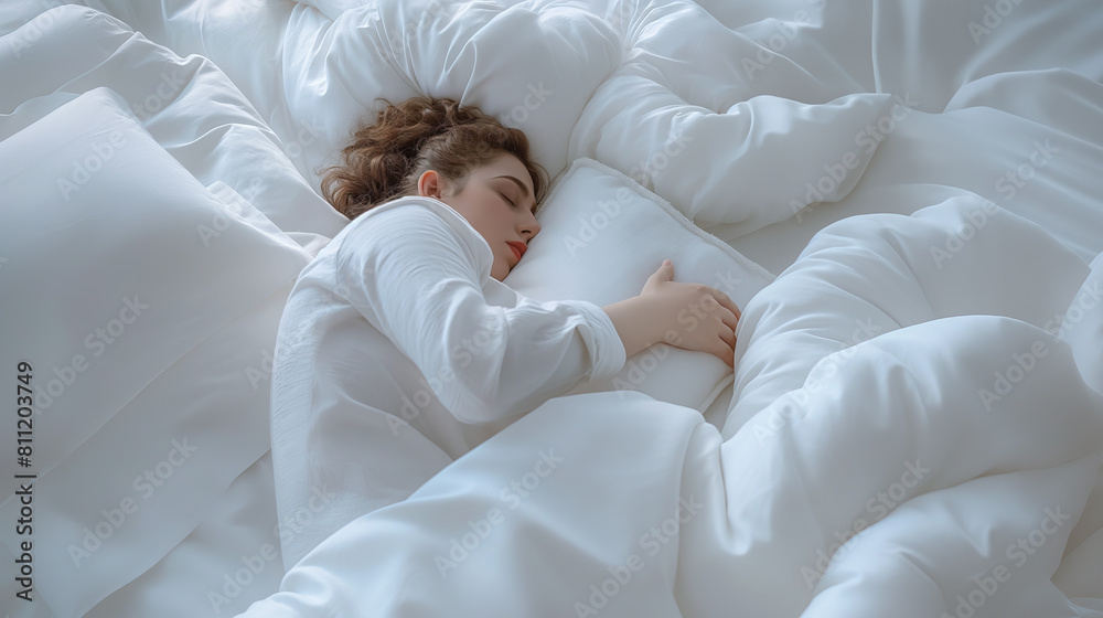 Woman sleeping comfortably in bed, wrapped in white sheets and pillows Woman sleeping comfortably in bed, wrapped in white sheets and pillows