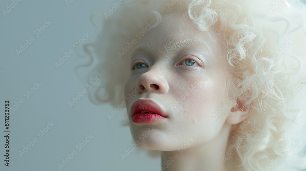 Close up photo of a beautiful albino model, curly white hair, red lipstick Close up photo of a beautiful albino model, curly white hair, red lipstick