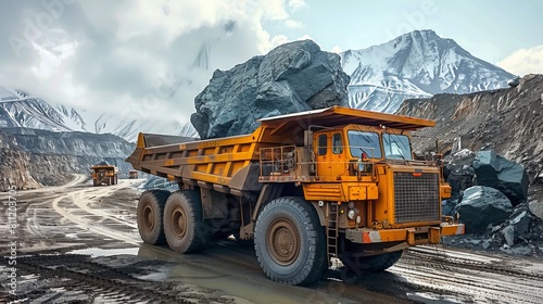 Big rocks on a very big truck in the mine. Generative AI. © visoot