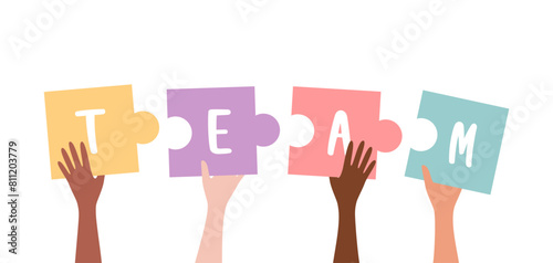 Hands of people of different nationalities holding up colorful puzzle pieces with word team on them, isolated on white background. Flat vector illustration