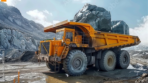 Big rocks on a very big truck in the mine. Generative AI. © visoot