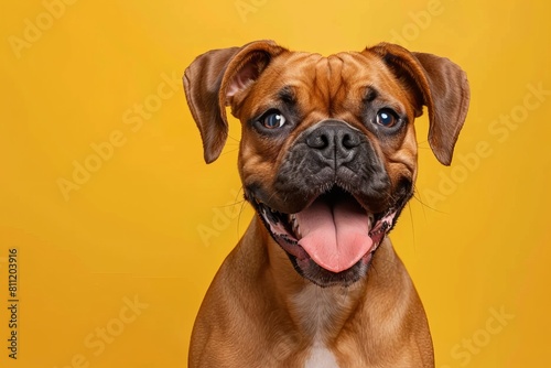A brown dog with a tongue sticking out is smiling at the camera