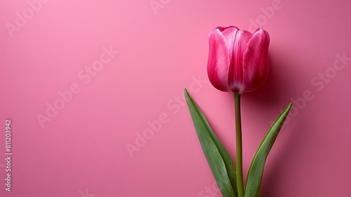A single pink tulip on a pink background. Generative AI.