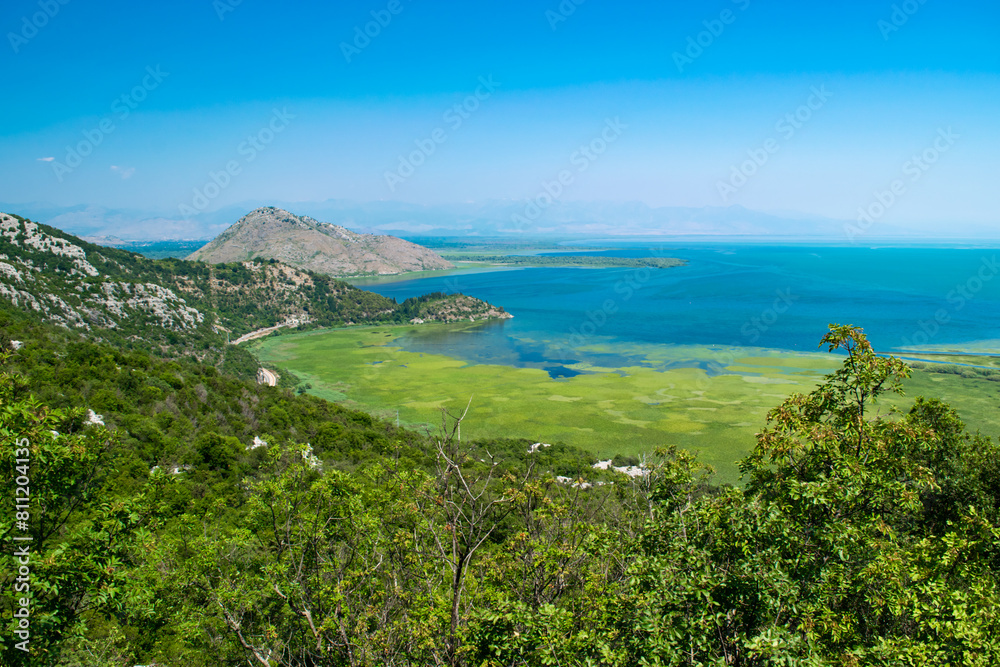Scenic Viewpoint. Beautiful summer landscape of Skadar Lake with green and blue water, mountains hills. Montenegro.