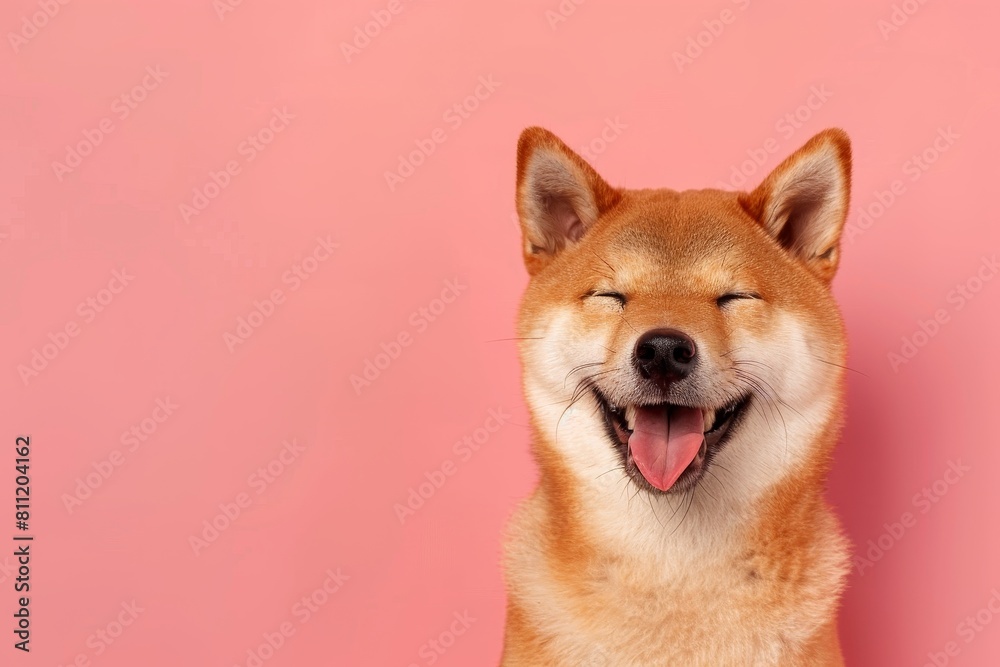 A happy dog with its tongue out is smiling at the camera