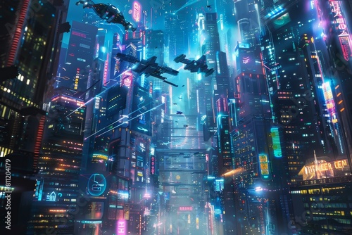 A city aglow with neon lights and towering skyscrapers in a futuristic setting  A futuristic cityscape with towering skyscrapers and neon lights