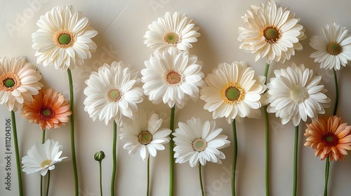 A group of white and orange daisies on a white background. Generative AI. photo