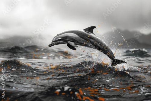 Dolphin glides through choppy seas. photo