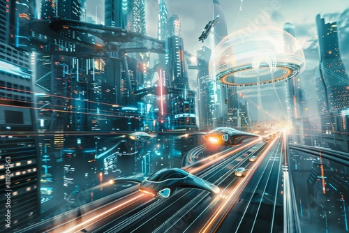 A futuristic cityscape featuring holographic projections with a futuristic car in the foreground  A futuristic city skyline with holographic projections and flying cars zipping through the air